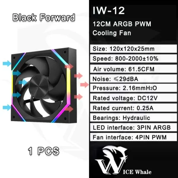 ICE Whale IW-12 Computer PC Case Fan 120mm ARGB 4Pin PWM Cooling Fan Motherboard Sync 61.5CFM/2000RPM CPU Cooler Ventilator