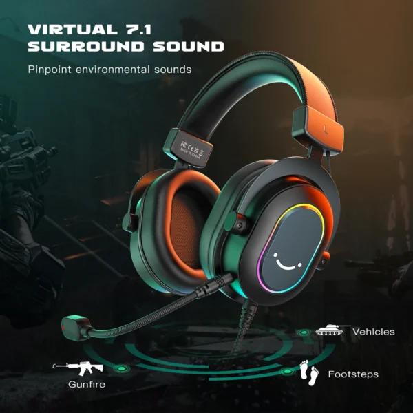 Fifine Dynamic RGB Gaming Headset with Mic Over-Ear Headphones 7.1 Surround Sound PC PS4 PS5 3 EQ Options Game Movie Music - H6