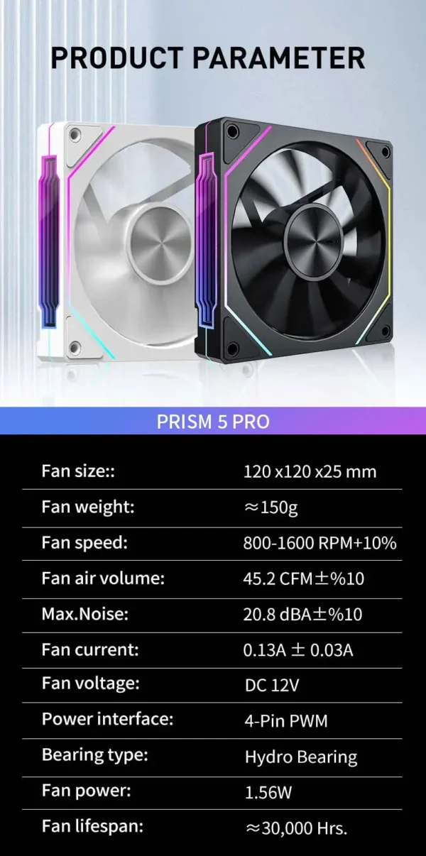LDPCSJ OEM PRISM 5 PRO Computer Chassis Fan 12cm ARGB 4 Pin PWM Quiet Cooling Fan 12V Large Air Volume 45.2CFM/600-1800RPM