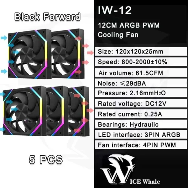 ICE Whale IW-12 Computer PC Case Fan 120mm ARGB 4Pin PWM Cooling Fan Motherboard Sync 61.5CFM/2000RPM CPU Cooler Ventilator