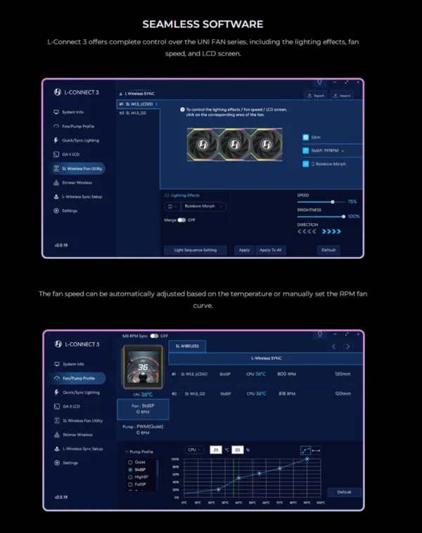 LIAN LI UNI FAN SL Wireless 120 Single Pack , Reverse Blade Triple Pack, LCD 120 Single Pack, Case fan, water cooled fan