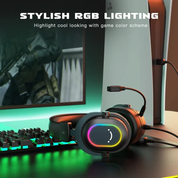 FIFINE USB Gaming Headset with 7.1 Surround Sound/Line Control/3EQ Mode,RGB Headphone with Mic,Plug and Play,for PC/PS5 -H6