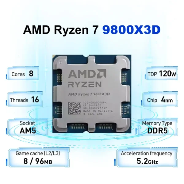 AMD Ryzen 7 9800X3D New Gaming CPU 8-Core 16-Thread 5.2GHz L3=96M 4NM TDP 120W R7 9800x3d Socket AM5 100-100001084 But Not Fan