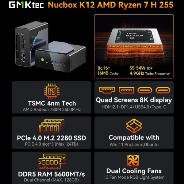 GMKtec K12 Gaming Mini PC AMD Ryzen 7 H 255(Upgraded 8745HS) Desktop Mini Computers Radeon 780M WiFi 6E/BT5.2, USB-C,  Barebone