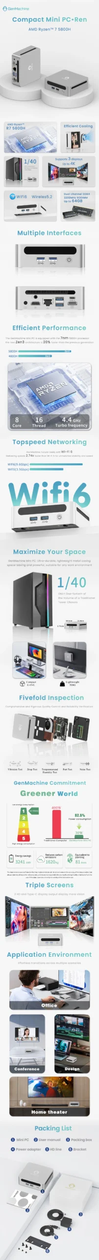 GenMachine AMD Ryzen 7 5800H Windows 11 MINI PC DDR4 16/32GB 256/512GB SSD WIFI6 RTL8852, BT5.2 PC Gamer Diy Gaming Computer