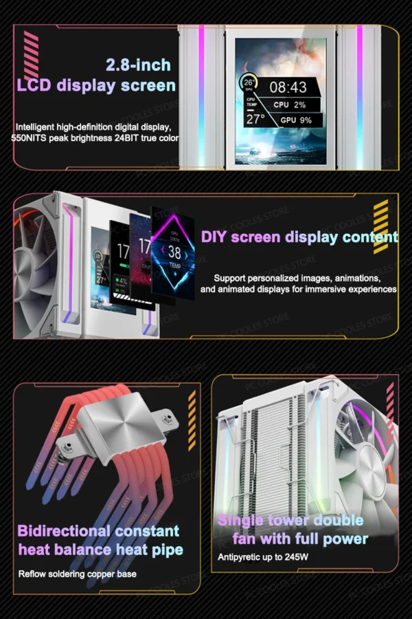 Power Train X-GAMERX MK8 CPU Cooler LCD Screen Dual Fan Tower 6 Heat pipes Air-cooled radiator For LGA1700 115X 1200 AM4 AM5