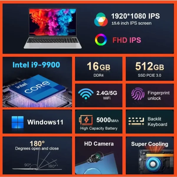 15.6" Windows 11 Laptop Computer Intel Core i9 9900 16GB RAM 1TB SSD Laptops Office Computer PC Fingerprint Unlock Notebook