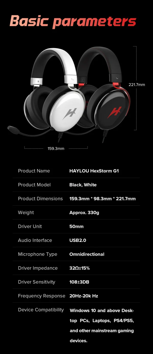 HAYLOU HexStorm G1 Wired Gaming Headphone 7.1 Surround Sound 50mm Dual Driver Esports Gamer Headset with Mic For PS4 PS5 PC