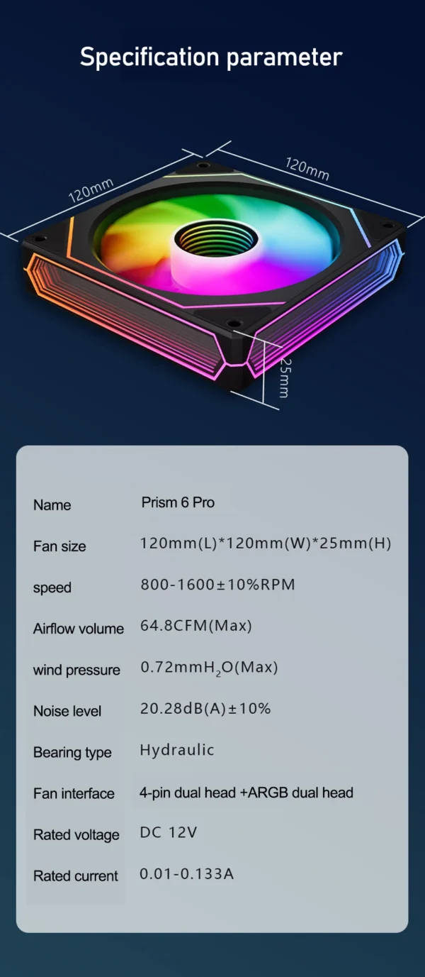 ZEZZIO Prism 6 pro 12cm ARGB Sync 4PIN PWM Computer Chassis Fan Quiet Cooling with Fluid Bearing 800-1600 RPM Case Fan