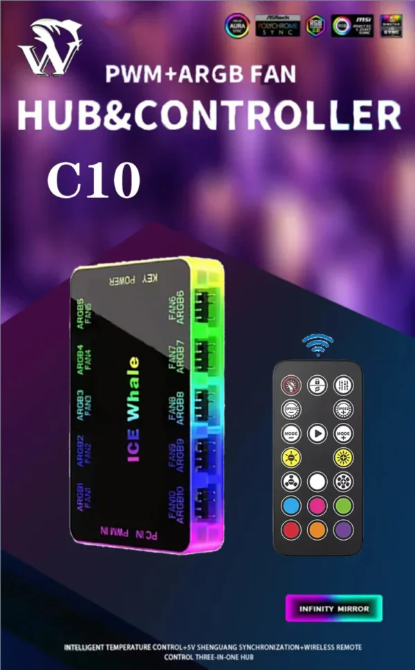 ICE Whale C10 1 to 10 PWM&ARGB Case Fan Hub SATA Power Interface Splitter 4Pin PWM 3Pin Addressable ARGB With Remote control