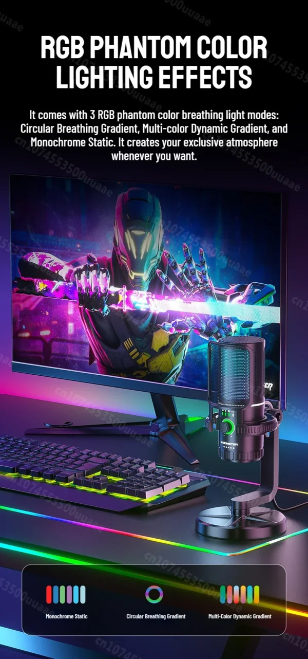 Monster Gaming USB Microphone 192KHz/24Bit Cardioid Condenser Mic with Touch Mute for PC PS4 PS5 Game Chat Podcasts Live Stream