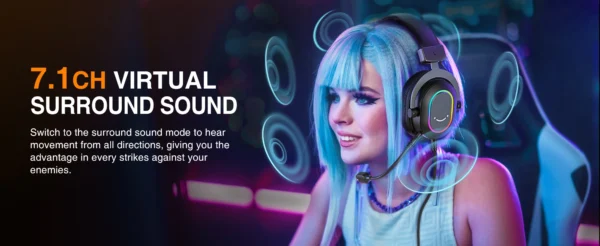 FIFINE USB Gaming Headset with 7.1 Surround Sound/Line Control/3EQ Mode,RGB Headphone with Mic,Plug and Play,for PC/PS5 -H6