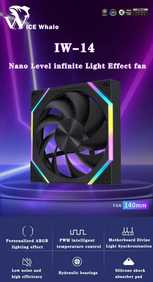 ICE Whale IW-14 Computer Chassis Fan 14cm ARGB 4 Pin PWM Quiet Cooling Fan 12V Large Air Volume 61.5CFM/800-1800RPM Ventilator