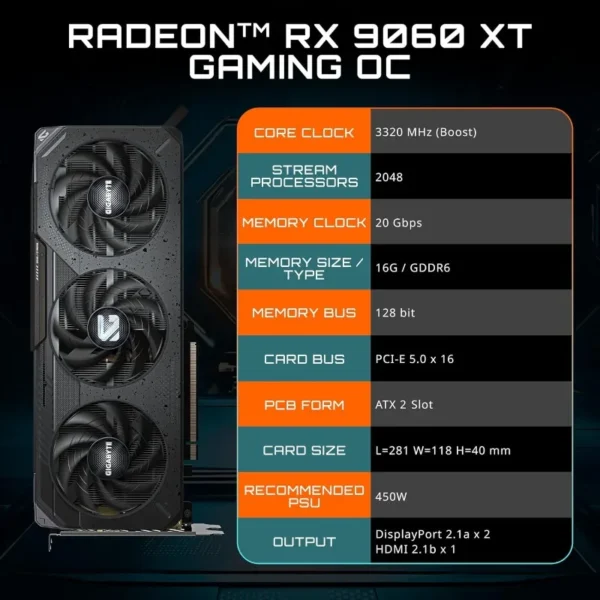 Radeon RX 9060 XT Gaming OC 16G Graphics Card, PCIe 5.0, 16GB GDDR6, GV-R9060XTGAMING OC-16GD Video Card