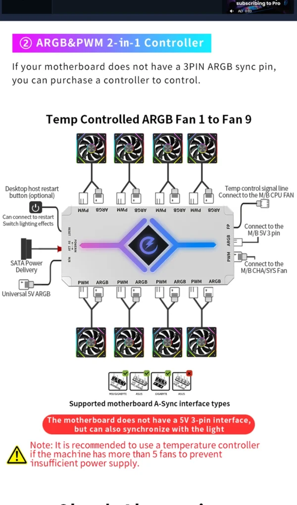Power Train PRISM 8 PRO Computer Case Fan 120mm ARGB 4Pin PWM Quiet CPU Cooling Fan 12V Large Air Volume 56.8CFM/600-1500RPM
