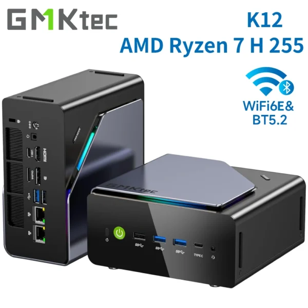 GMKtec K12 Gaming Mini PC AMD Ryzen 7 H 255(Upgraded 8745HS) Desktop Mini Computers Radeon 780M WiFi 6E/BT5.2, USB-C,  Barebone