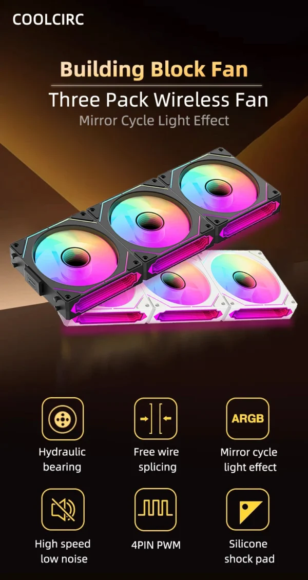 Coolcirc DL-1 120mm PC Case Fan 800-2000rpm PWM Hydro Bearing Silent 5V3Pin ARGB Water Cooler Magic Cableless Cooling Ventilator