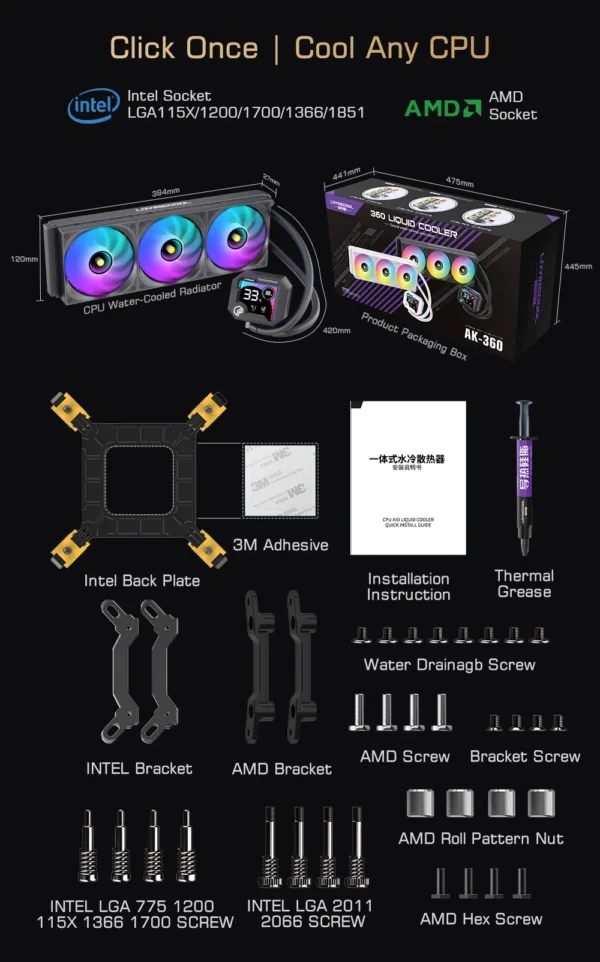 LOVINGCOOL AK water cooler 240mm 360mm broken code screen dynamic digital display liquid cooler ARGB Abyss Mirror Cold radiator