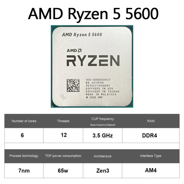 AMD Ryzen 5 5600 CPU AMD R5 5600 Processor 4.4GHz 6-Core 12-Thread 32MB Cache Socket AM4 Desktop PC Gaming CPU