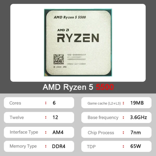 New AMD Ryzen 5 5500 R5 5500 3.6 GHz 6-Core 12-Thread CPU 7NM L3=16M 100-000000457 Socket AM4 but without cooler