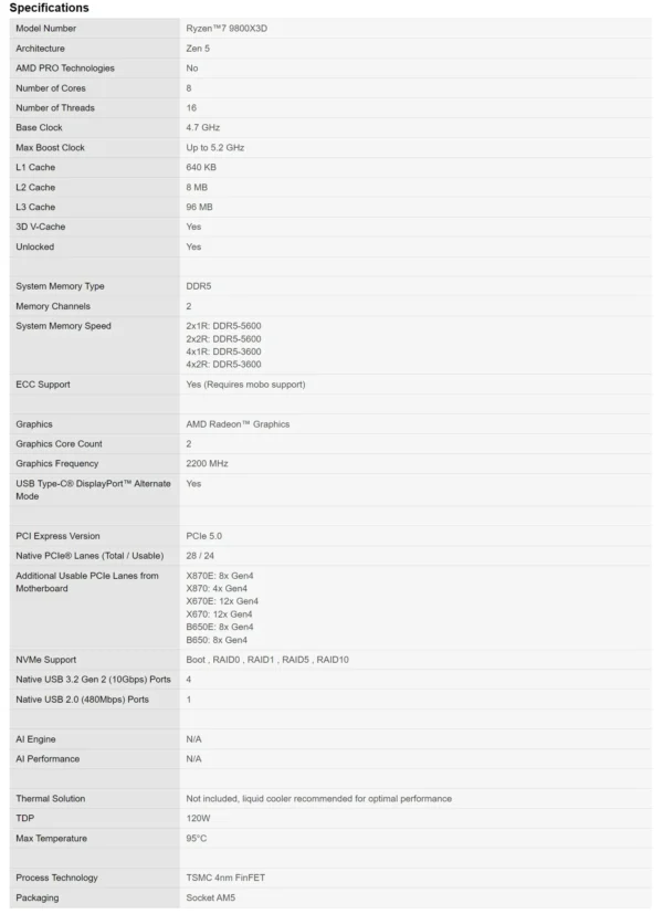 AMD Ryzen 7 9800X3D high-performance gaming processor 8 cores 16 threads 4nm process TDP 105W Frequency up to 5.0 GHz Socket AM5