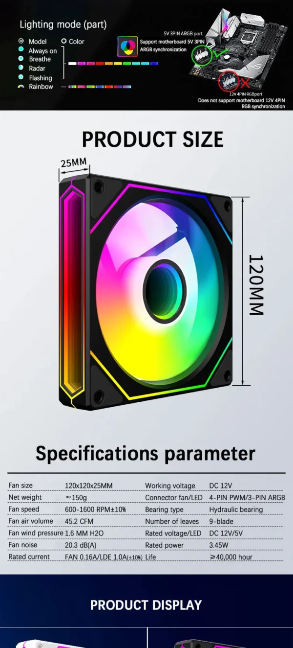 UPSIREN UF-4 12CM Computer Chassis Fan,Infinite Prism ARGB Fan/3 Mirror Surfaces/4 Pin PWM/3PIN ARGB Quiet Cooling Fan