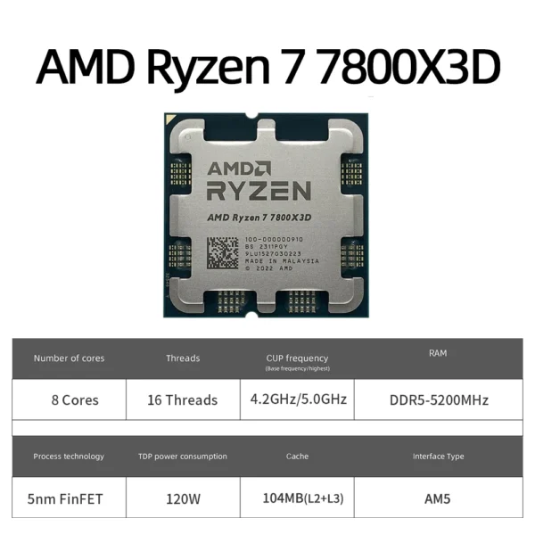 AMD RYZEN 7 7800X3D Brand New CPU Gaming Processor AMD R7 7800X3D 8-Core 16-Thread 5NM 96M Socket AM5 Without Fan Game Cache Hot