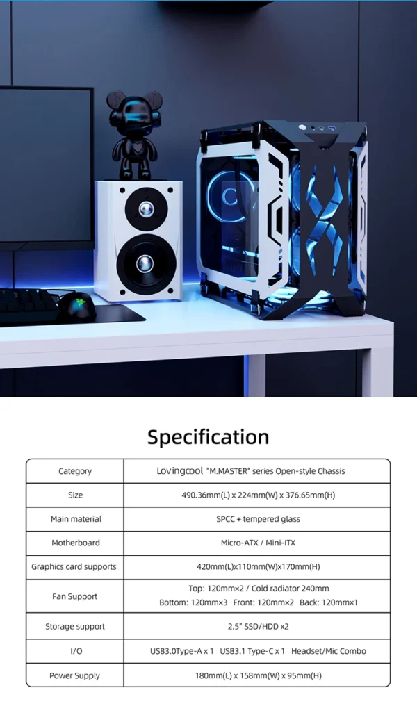 Lovingcool New Design Open Style Gaming Chassis Tempered Glass Micro ATX Mini ITX Computer RGB Casing Desktop PC Case with Fan