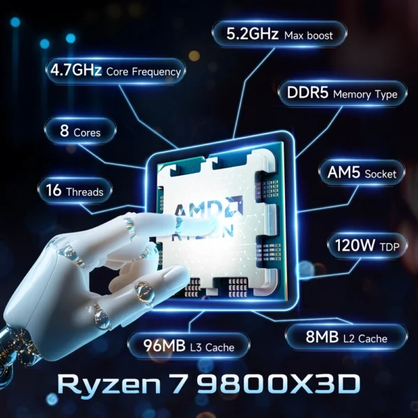 AMD Ryzen 7 9800X3D New 8-Core 16-Thread 4.7GHz R7 9800X3D DDR5 Socket AM5 4NM L3=96M Processor 120W No Fan