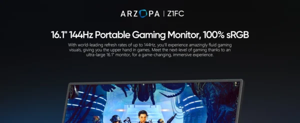 ARZOPA 16.1 inches Portable Gaming Monitor 144hz 100%sRGB 1080P FHD IPS Screen Second Screen for Switch,Xbox,PS5,Laptop,Mac,Z1FC