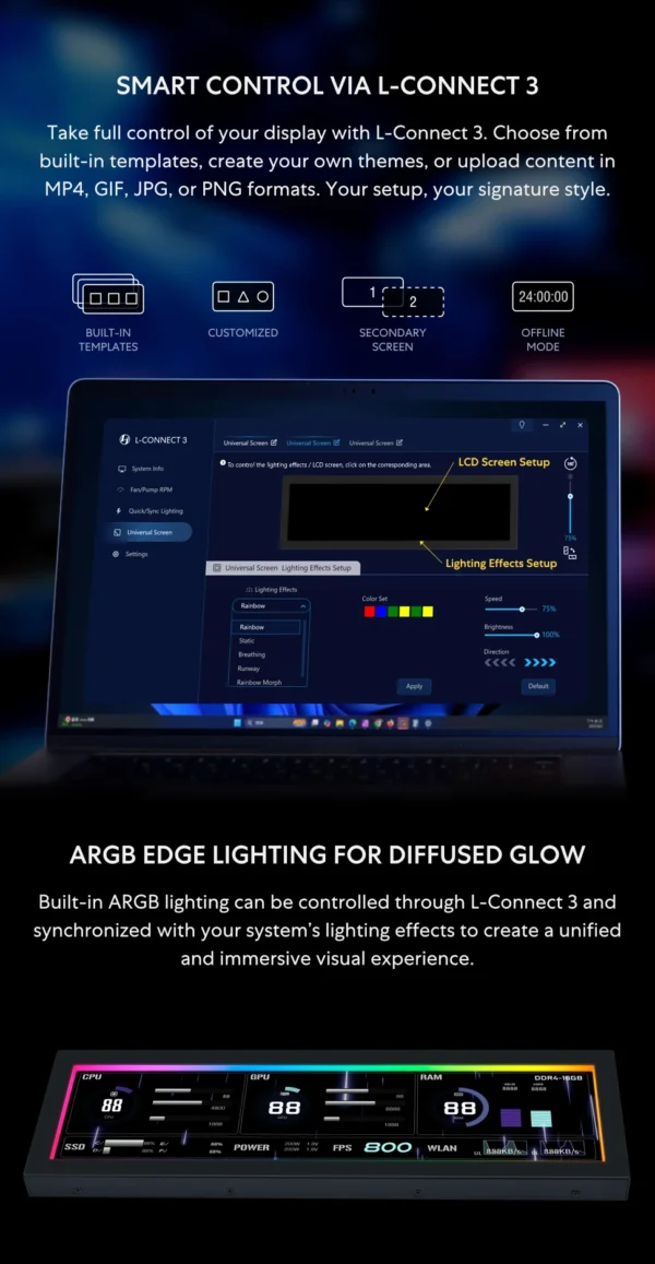 Lian-Li 8.8 Inch Universal Screen 1920x480 resolution IPS LCD Display for PC Case