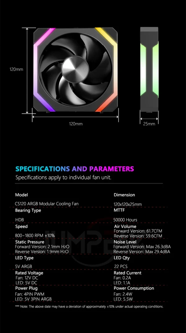 JUMPEAK CS120 ARGB Cooling Fan 240mm Modular Stackable Splicing PWM Silent 120mm RGB Fans For Gaming PC Case CPU Water Cooler