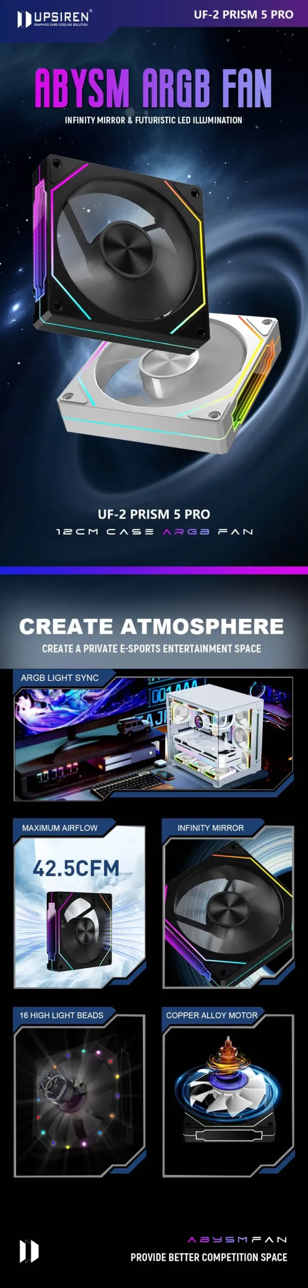 UPSIREN UF-2 PRISM 5 PRO 12CM ARGB Large Air Volume Computer Chassis Fan Regular version/Reversed version Dual mode selection