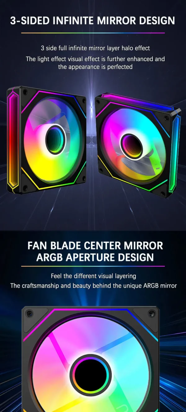UPSIREN UF-4 12CM Computer Chassis Fan,Infinite Prism ARGB Fan/3 Mirror Surfaces/4 Pin PWM/3PIN ARGB Quiet Cooling Fan