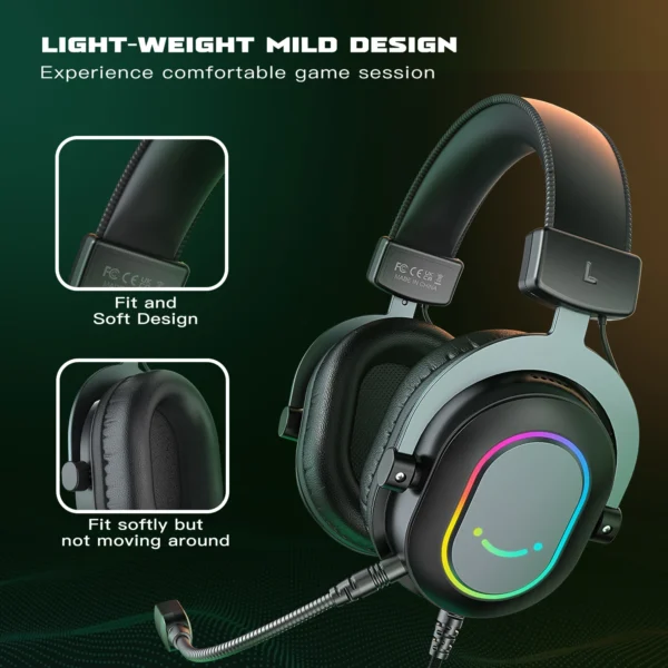 FIFINE USB Gaming Headset with 7.1 Surround Sound/Line Control/3EQ Mode,RGB Headphone with Mic,Plug and Play,for PC/PS5 -H6