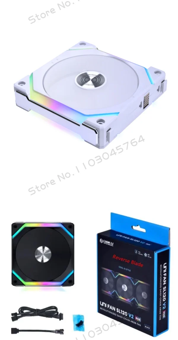 LIAN LI UNI FAN SL V2 SL120V2 Reverse Blade 10% Performence Upgraded Version RGB Fan, Single Pack, Black/White
