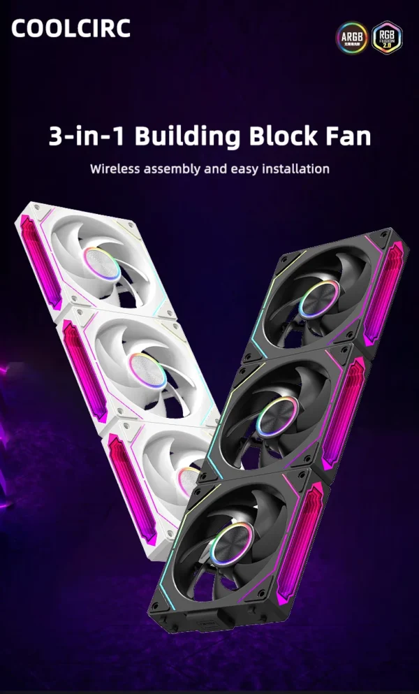 COOLCIRC CX-2 Computer Chassis Fan 120mm 5V 3-pin ARGB Cooler  12V/4PIN PWM 800-2000 RPM 3-in-1 Quiet Building Block Cooling Fan