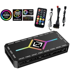 Multi Port 3 in 1 PWM Magnetic ARGB Fan Hub Splitter for PC with Remote Control Supports 9 Fans and Custom Lighting