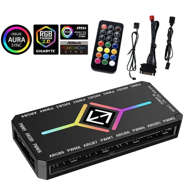 Multi Port 3 in 1 PWM Magnetic ARGB Fan Hub Splitter for PC with Remote Control Supports 9 Fans and Custom Lighting