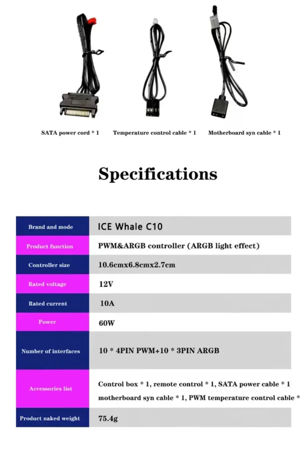 ICE Whale C10 1 to 10 PWM&ARGB Case Fan Hub SATA Power Interface Splitter 4Pin PWM 3Pin Addressable ARGB With Remote control