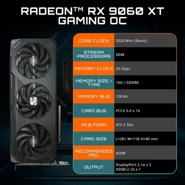 Radeon RX 9060 XT Gaming OC 16G Graphics Card, PCIe 5.0, 16GB GDDR6, GV-R9060XTGAMING OC-16GD Video Card