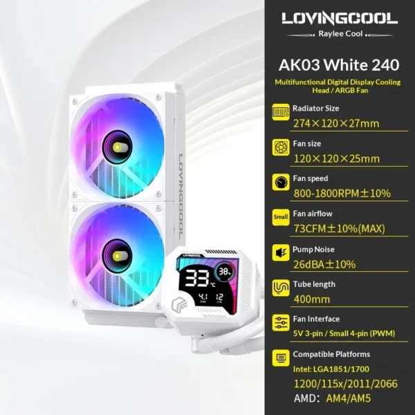 LOVINGCOOL AK water cooler 240mm 360mm broken code screen dynamic digital display liquid cooler ARGB Abyss Mirror Cold radiator