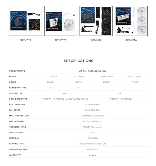 LIANLI UNI FAN TL120 Wireless version and TL LCD120 Screen fan There are positive leaves and inverse leaves. Individual pack,