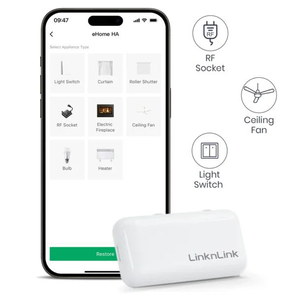 LinknLink eHome HA Wi-Fi Smart RF Universal Remote Controller for Light Switch,Ceiling Fan,Roller Shutter,RF2MQTT Home Assistant
