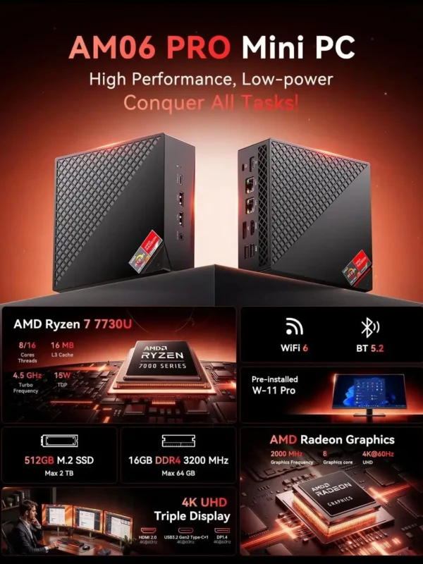 Mini PC AMD Ryzen 7 7730U 32GB DDR4 512GB SSD 6-Core up to 4.5GHz,Portable Mini Desktop Computer Wifi6 4K Display Window 11 PRO