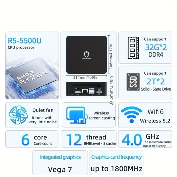 Gamer Pc Computer Ryzen 4300U 4600H 4800H 5300U 4500U GenMachine Mini PC AMD 5500U 5600H 5600U CPU Win11 DDR4 WiFi6