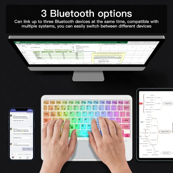 RGB Rainbow Backlit Wireless Bluetooth Keyboard Touchpad and Mouse Wireless Spanish Korean Keyboard for iPad Laptops Tablet PC