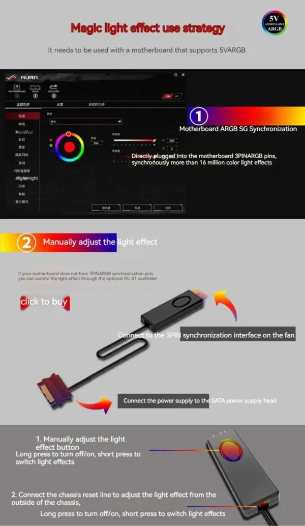 Jonsbo SL-120 Case Fan 120mm 5V 3Pin ARGB Light Effect PWM 600-1500RPM Cooling Fan 12cm High Air Volume Slient Fan