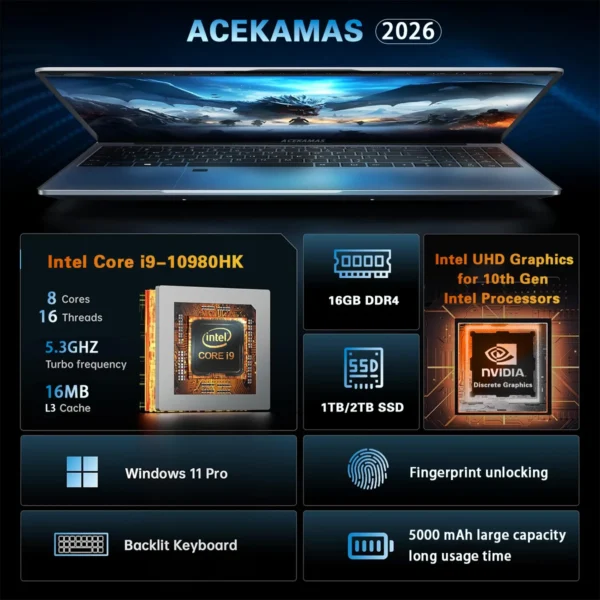 2026 ACEKAMAS 15.6" Gaming Laptop Intel Core i9 10980HK IPS 4K Gamer Computer 16GB DDR4 1TB SSD M.2 Windows 11 Pro Notebook PC