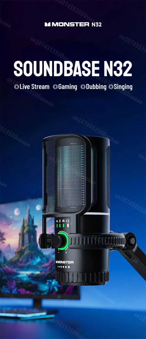 Monster Gaming USB Microphone 192KHz/24Bit Cardioid Condenser Mic with Touch Mute for PC PS4 PS5 Game Chat Podcasts Live Stream